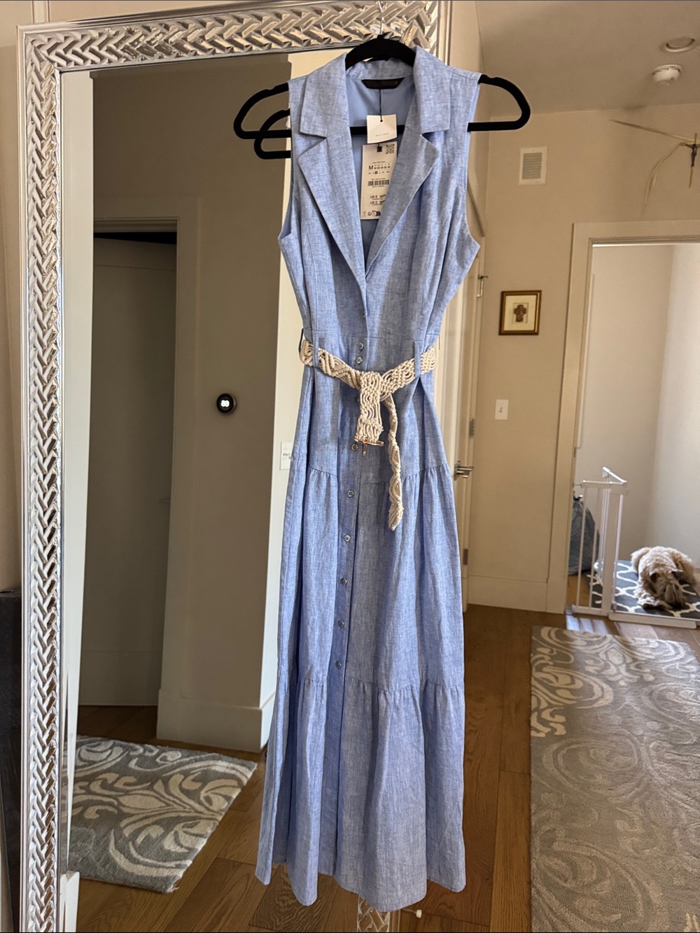 NWT Zara Sleeveless Light Blue Button-Front Maxi Shirt Dress with Belt